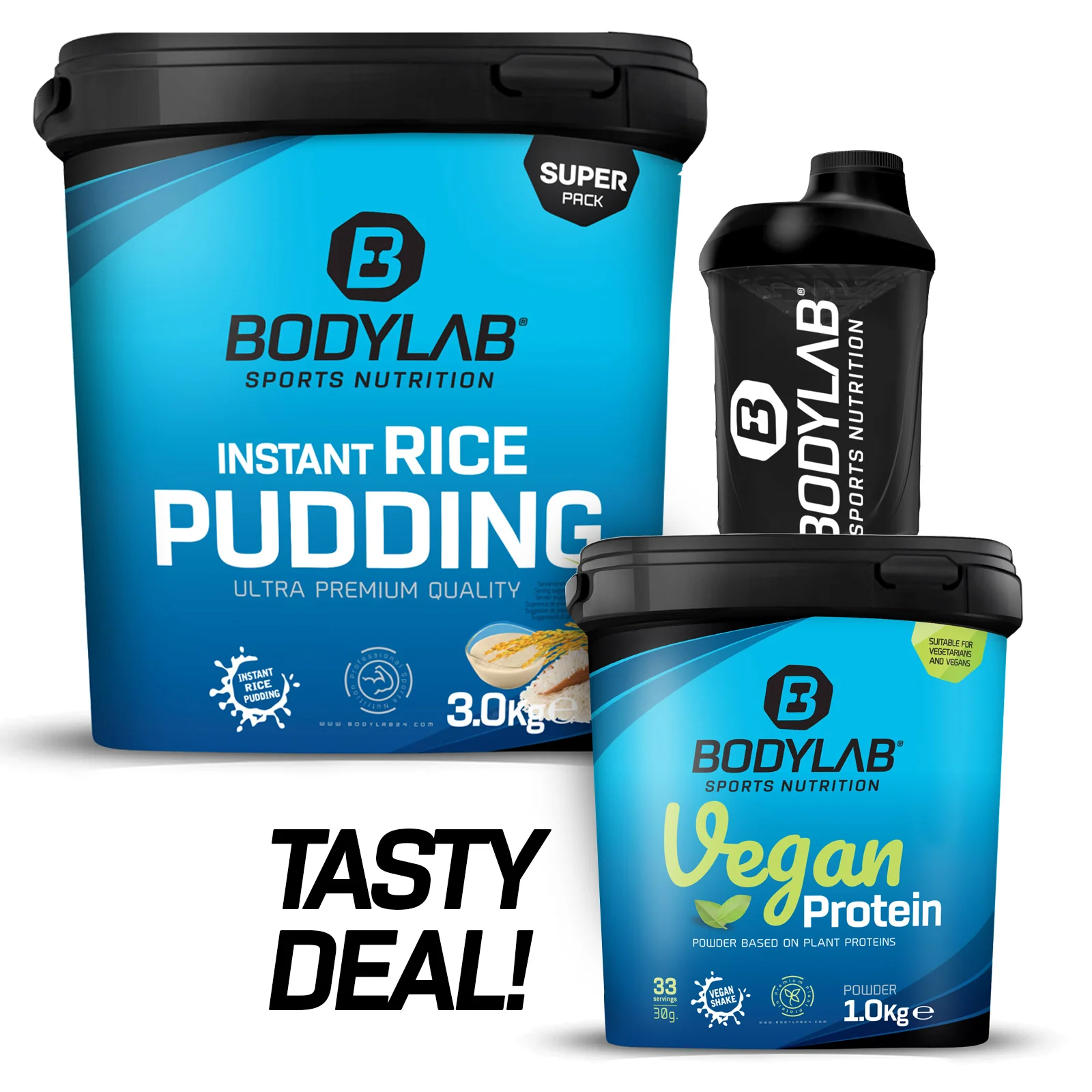 Tasty Deal mit 1kg Vegan Protein + 3kg Instant Rice Pudding + Shaker gratis