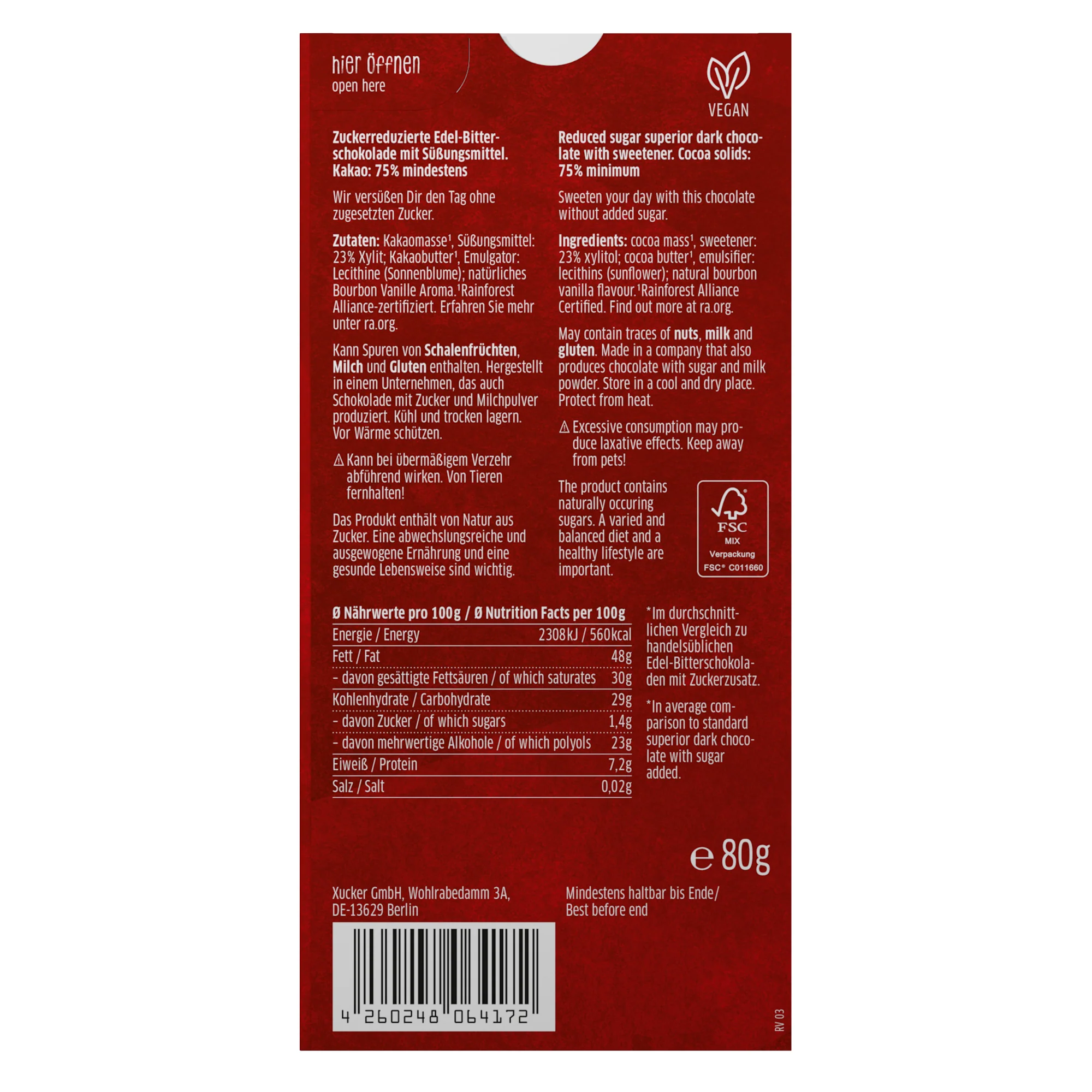 Vegane Edelbitter-Schokolade mit Xylit (80g) - Image 2